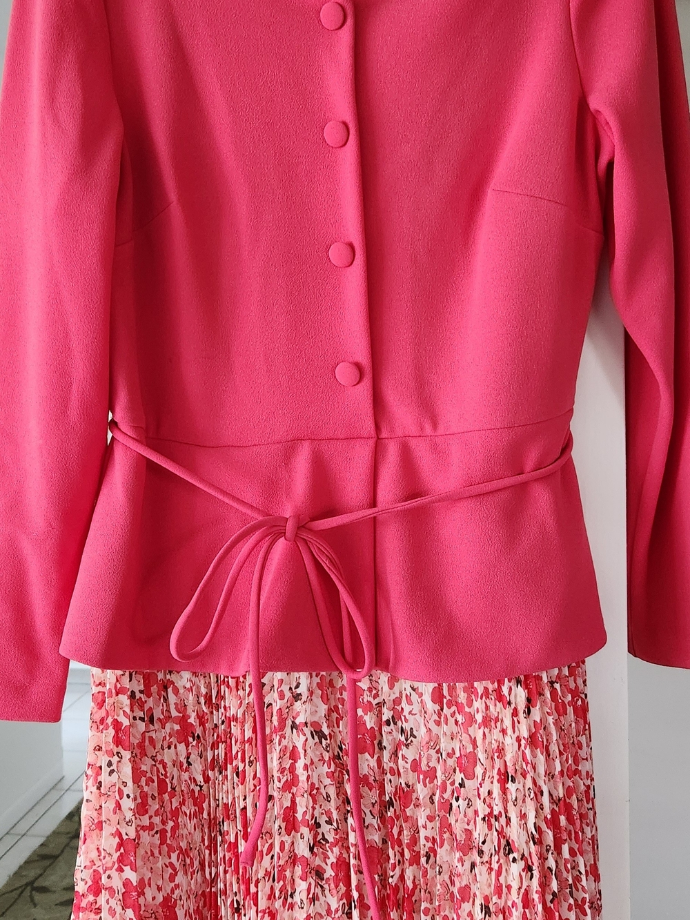 Pink Buttoned One Piece Peplum Jacket/Pleated Floral Skirt